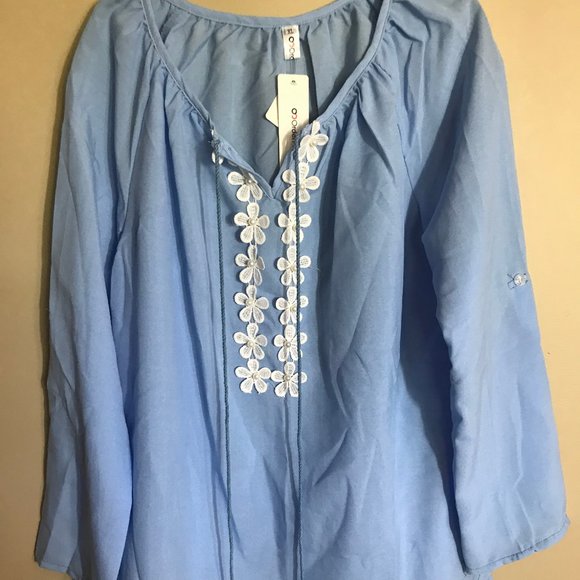 OC Order Plus Light Blue Peasant Top W/ Drawstring - Picture 1 of 3